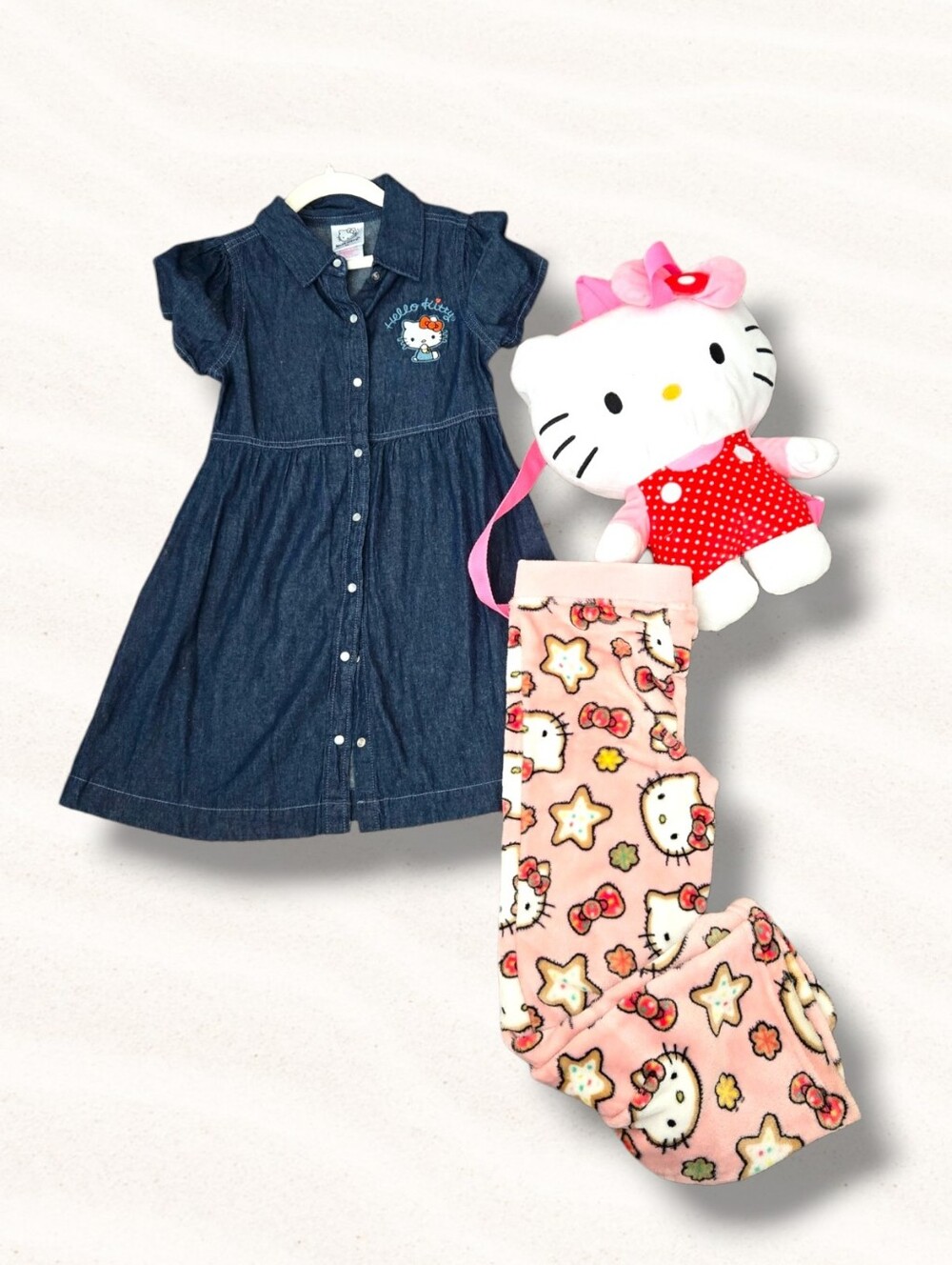 Sanrio Hello Kitty sz 6X Dress denim blue Dress+ Pjs Pants+Plush Backpack BUNDLE